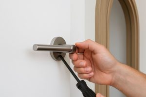 En hand monterar ett modernt, svart innerdörrhandtag p en vit drr.